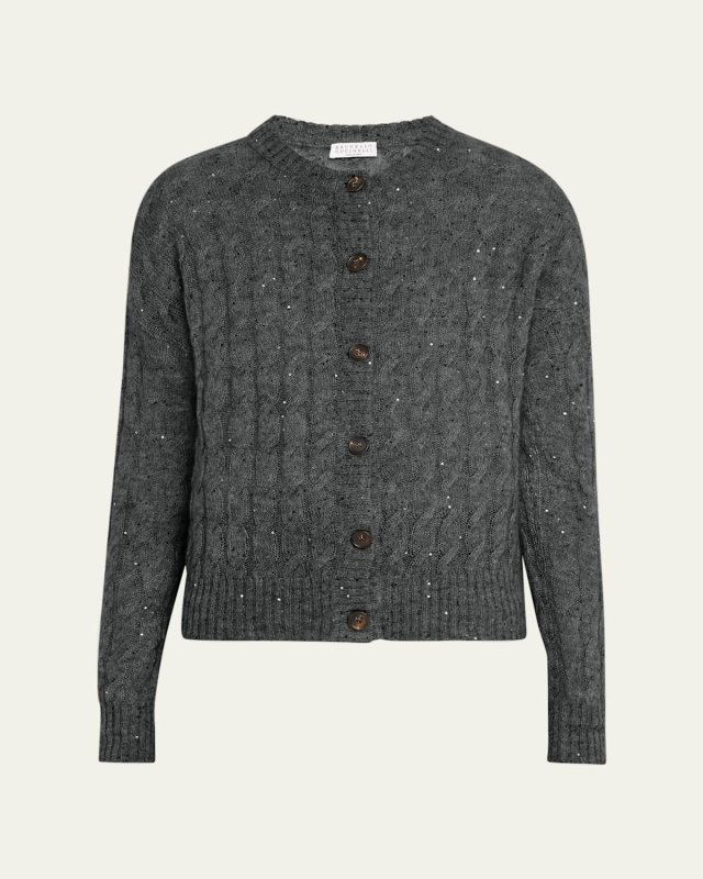 Mohair Pailette Cable Knit Crewneck Cardigan